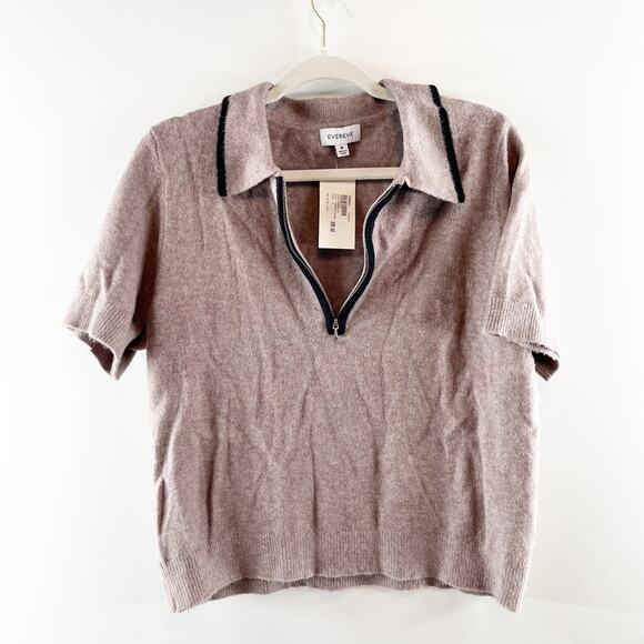 Evereve Celine Short Sleeve Polo Pullover Sweater Caribou Brown Black Medium - Picture 4 of 6